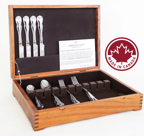 #FCAN2 Exotic Solid SAPELE Wood Flatware Chest; Service for 12, Made in Canada