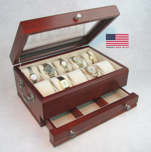 #W1100C Captain:  Ten Watch Glass top storage Chest with a  Drawer